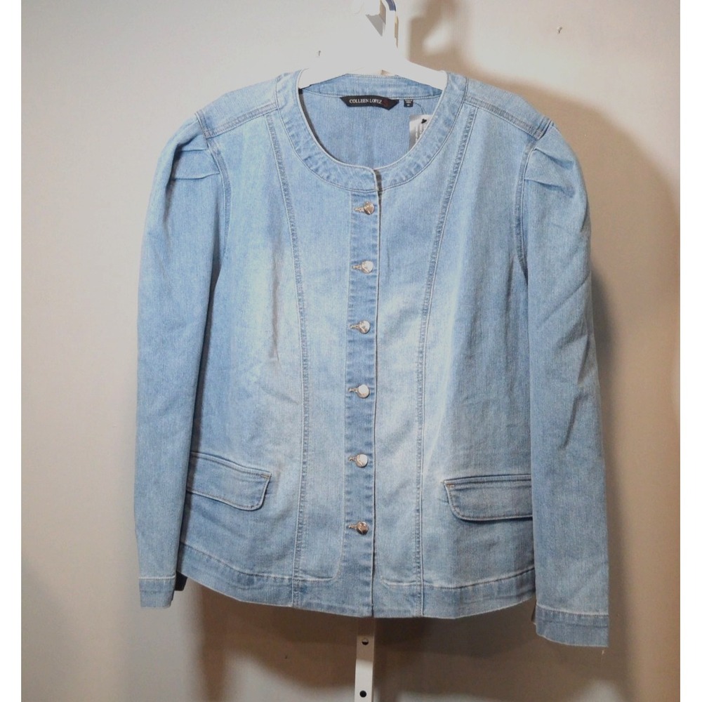 Colleen Lopez 3X Denim Jacket Light Wash Long Sleeves Banded Collar Flap Pockets